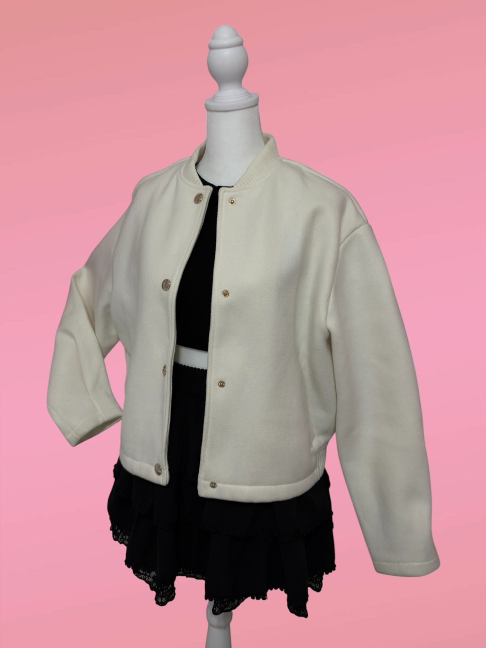 ZARA Milky Cream Varsity Jacket Basic Outerwear Casual Bomber Jacket with Button